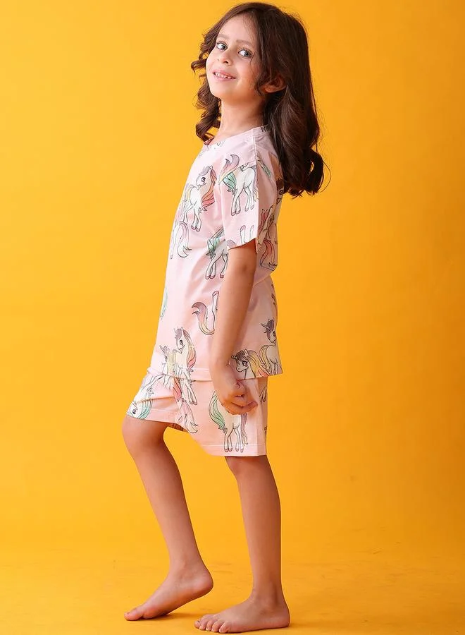 Anthrilo Pink Unicorn Cotton T-Shirt and Shorts Set