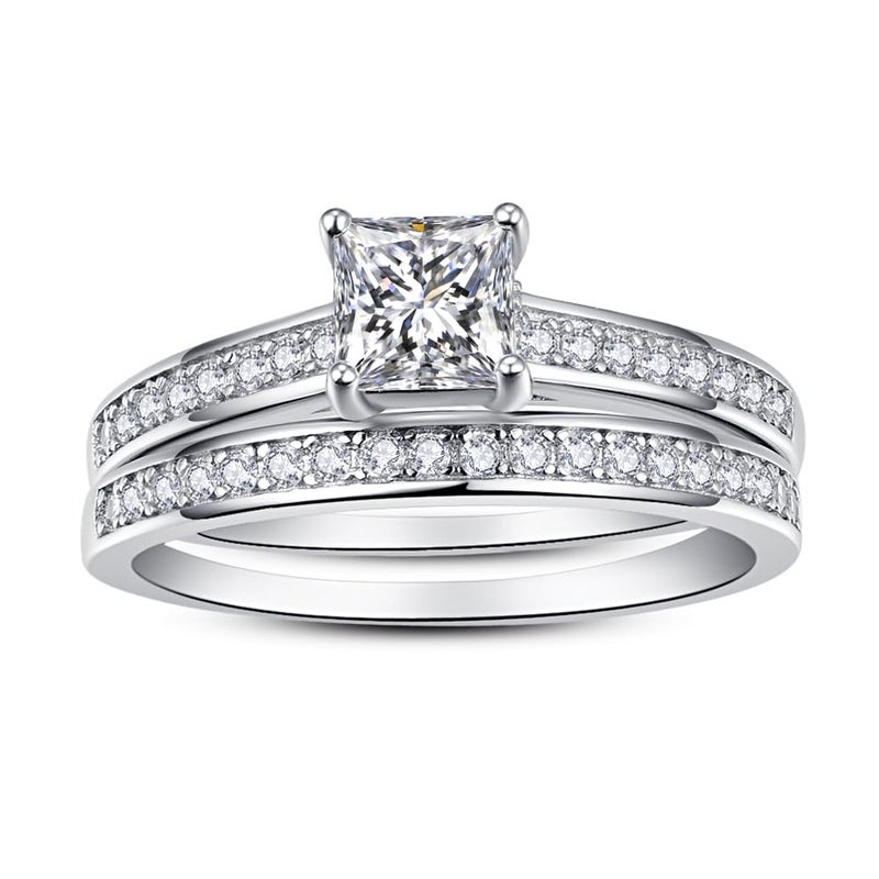 AVECON 1.35ct Princess Cut Engagement Ring 925 Sterling Silver Wedding Band Set for Women Cubic Zirconia Bridal Sets Size 6 - Image 2