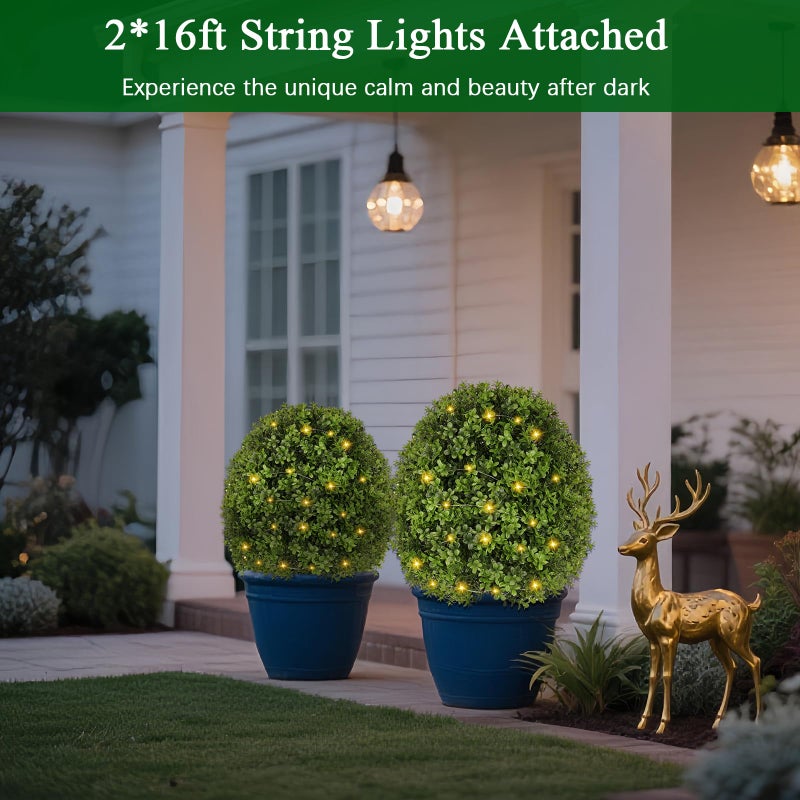 Olpchee Artificial Boxwood Topiary Trees for Outdoors, 2 Pack Faux Topiary Ball Tree UV Resistant Fake Shrubs Evergreen Bush Plants for Front Porch Garden Yard Balcony Wedding Decor, 2 Led String Light - Image 4