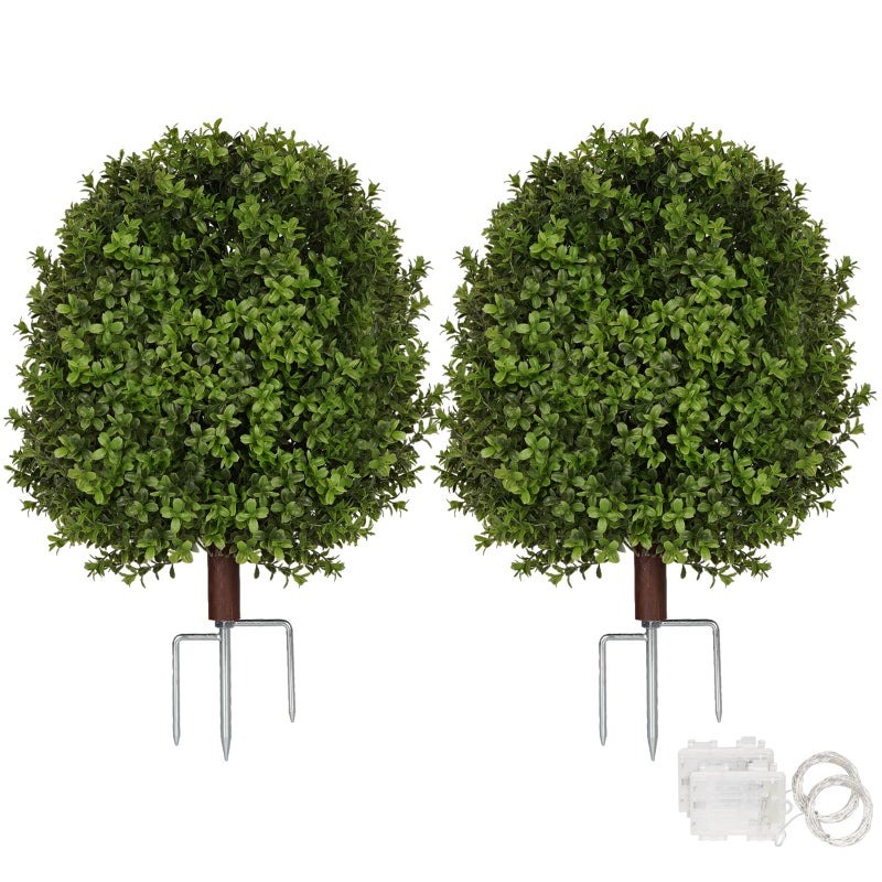 Olpchee Artificial Boxwood Topiary Trees for Outdoors, 2 Pack Faux Topiary Ball Tree UV Resistant Fake Shrubs Evergreen Bush Plants for Front Porch Garden Yard Balcony Wedding Decor, 2 Led String Light - Image 1