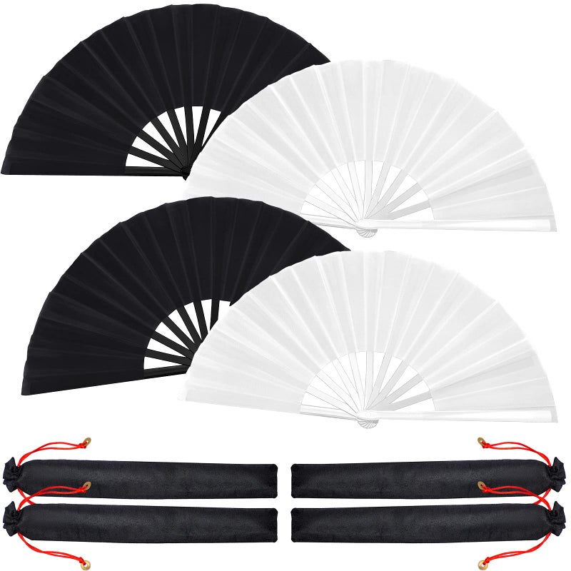Blulu Blulu 4 Pcs Large Folding Fans for Line Dancing Big Silk Hand Clapping Popping Fans Bulk for Dancing Boots on The Ground Festival Party DecorationClassic StyleBlack White13 Inch 