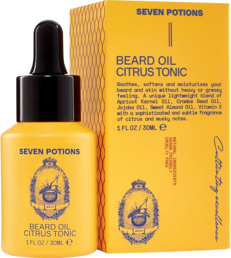 SEVEN POTIONS Beard Oil 1 fl oz Gentle Beard Softener. Stops Beard Itch. 100% Natural, Beard Conditioning Oil With Citrus Scent & Jojoba Oil (Citrus Tonic)