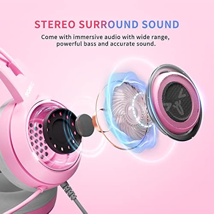 SOMIC G951S PINK STEREO GAMING HEADSET WITH MIC FOR PS4,XBOX,PC,MOBILE PHONE,3.5MM NOISE REDUCTION CAT EAR HEADPHONES LIGHTWEIGHT OVER EAR HEADPHONES FOR GIRLS - Image 2