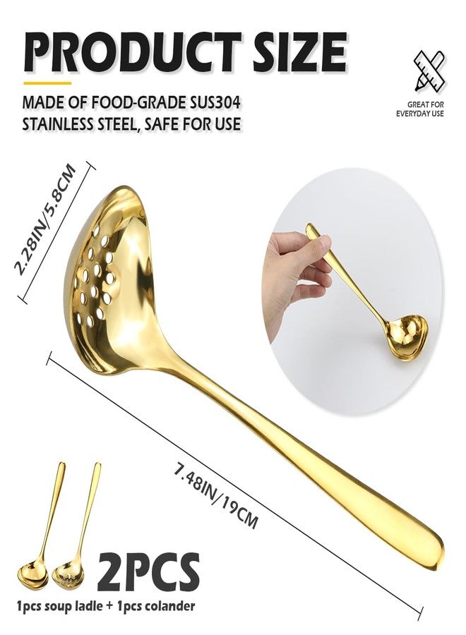 DOERDO DD DOERDO 2Pack Stainless Steel Soup Spoons Strainer Slotted Spoon Small Ladle for Sauce Kitchen Table Serving Spoons, Gold 7.5x2.3 Inch - Image 2