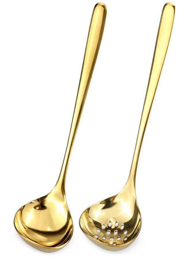 DOERDO DD DOERDO 2Pack Stainless Steel Soup Spoons Strainer Slotted Spoon Small Ladle for Sauce Kitchen Table Serving Spoons, Gold 7.5x2.3 Inch - Image 1