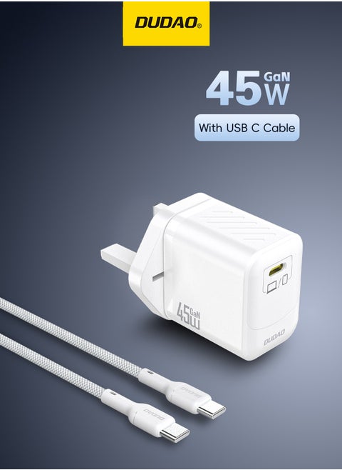 45W GaN Fast Charger with Type C Cable, USB-C Power Adapter, Compact Wall Charger with Smart Temperature Control IC, 9-Layer Safety Protection, Type C Charger for iPhone 15, Samsung Galaxy, Huawei, iPad, MacBook, Xiaomi, Laptop