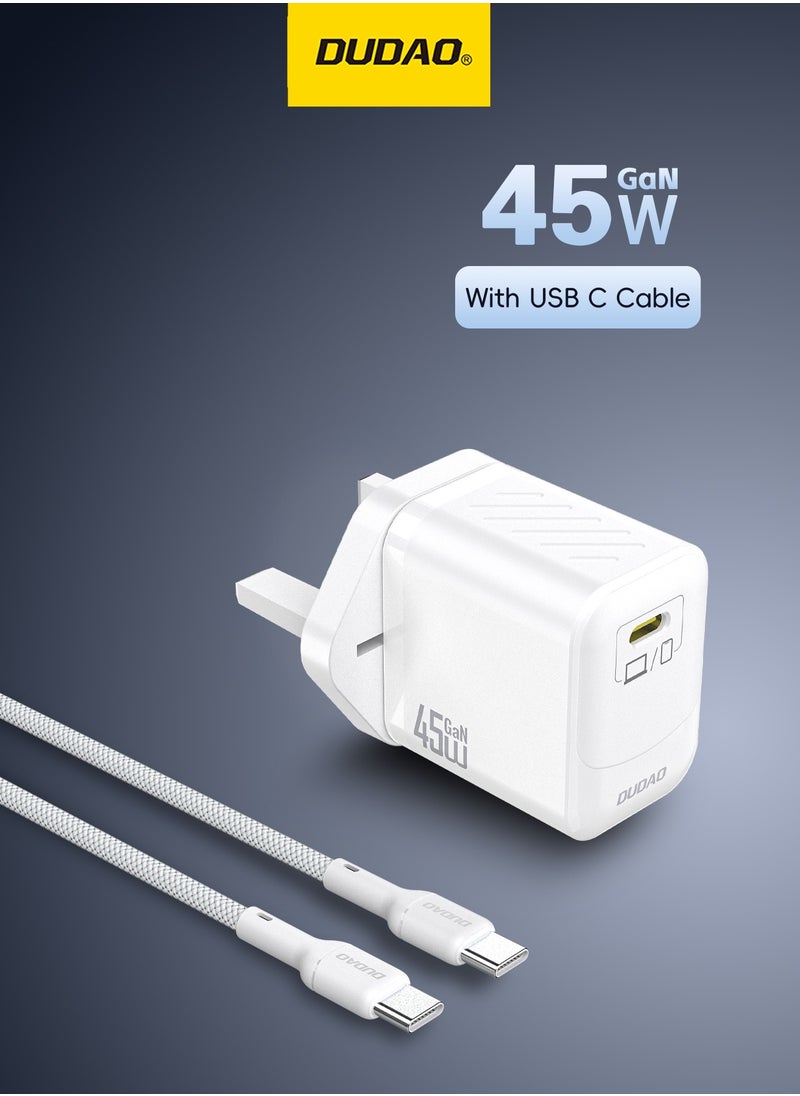 DUDAO - 45W GaN Fast Charger with Type C Cable, USB-C Power Adapter, Compact Wall Charger with Smart Temperature Control IC, 9-Layer Safety Protection, Type C Charger for iPhone 15, Samsung Galaxy, Huawei, iPad, MacBook, Xiaomi, Laptop - Image 1