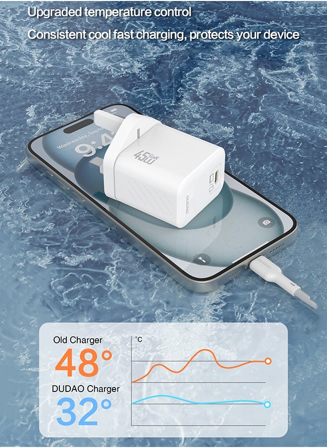 DUDAO - 45W GaN Fast Charger with Type C Cable, USB-C Power Adapter, Compact Wall Charger with Smart Temperature Control IC, 9-Layer Safety Protection, Type C Charger for iPhone 15, Samsung Galaxy, Huawei, iPad, MacBook, Xiaomi, Laptop - Image 1