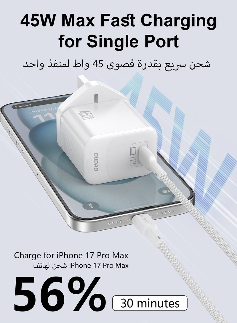 DUDAO 45W GaN Fast Charger Samsung Charger, with Type C Cable, USB-C Power Adapter, Compact Wall Charger, Smart Temperature Control IC, 9-Layer Safety Protection, Type C Charger for iPhone 15, Samsung Galaxy, Huawei, iPad, MacBook, Xiaomi, Laptop - Image 2