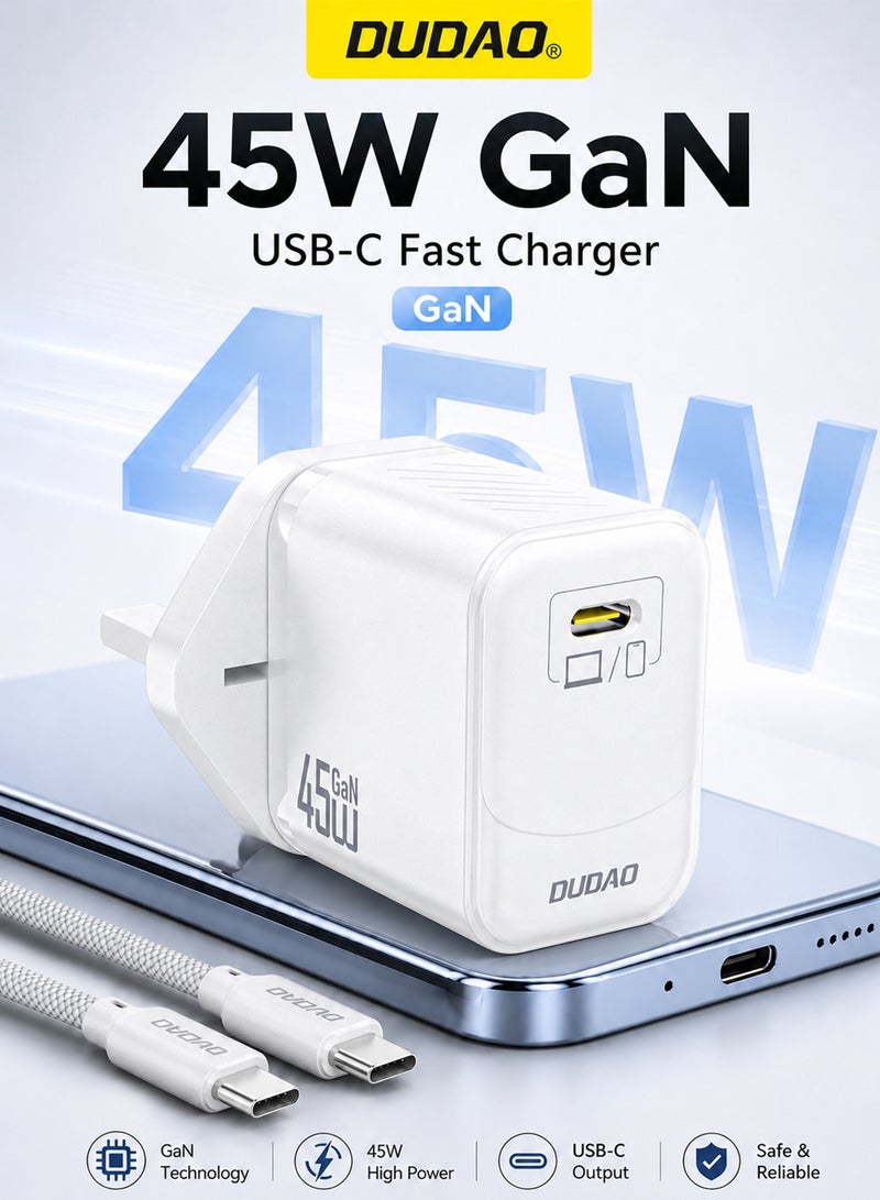 DUDAO 45W GaN Fast Charger Samsung Charger, with Type C Cable, USB-C Power Adapter, Compact Wall Charger, Smart Temperature Control IC, 9-Layer Safety Protection, Type C Charger for iPhone 15, Samsung Galaxy, Huawei, iPad, MacBook, Xiaomi, Laptop - Image 1