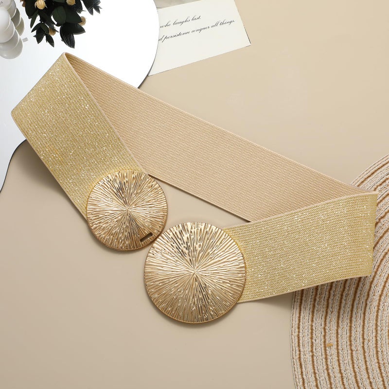 Sansths Women Wide Elastic Belts for Dresses Fashion Stretchy Waist Belts Ladies Cinch Belts with Gold Buckle,Gold,S - Image 3
