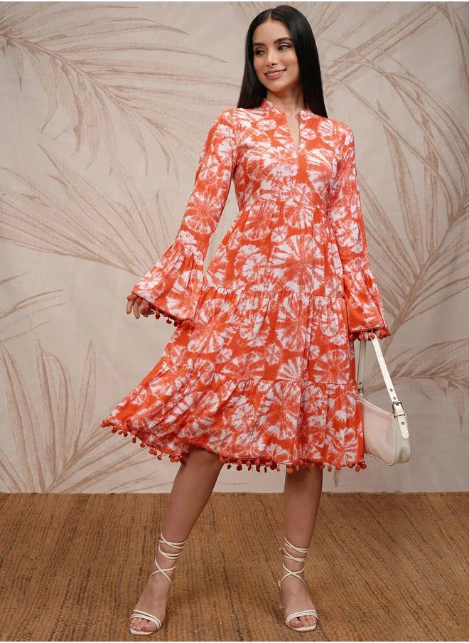 Vishudh Vishudh Women Tie and Dye Printed A-Line Midi Dress with Pompom Detail