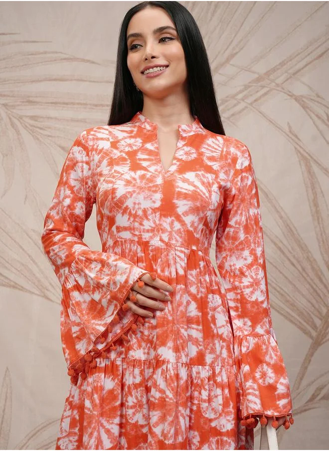 Vishudh Vishudh Women Tie and Dye Printed A-Line Midi Dress with Pompom Detail