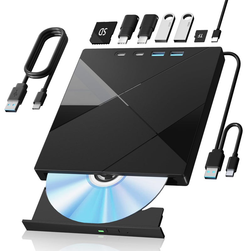 Wbacon 7 in 1 External CD/DVD Drive for Laptop, Portable DVD Player for Laptop with SD/TF Port, External DVD Drive with USB 3.0/Type C, CD Drive USB for PC Windows Linux - Image 1