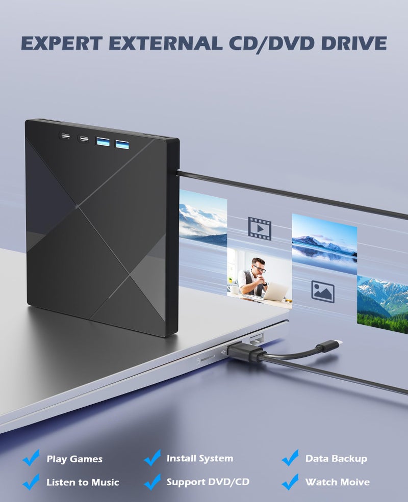Wbacon 7 in 1 External CD/DVD Drive for Laptop, Portable DVD Player for Laptop with SD/TF Port, External DVD Drive with USB 3.0/Type C, CD Drive USB for PC Windows Linux - Image 3