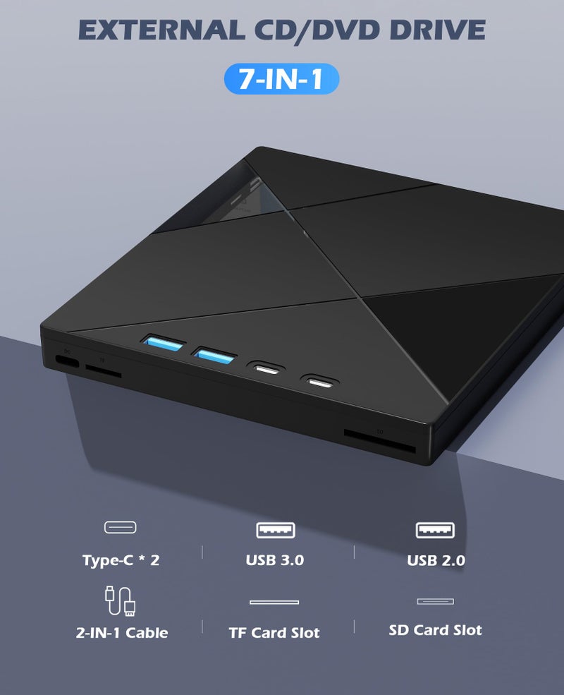 Wbacon 7 in 1 External CD/DVD Drive for Laptop, Portable DVD Player for Laptop with SD/TF Port, External DVD Drive with USB 3.0/Type C, CD Drive USB for PC Windows Linux - Image 4