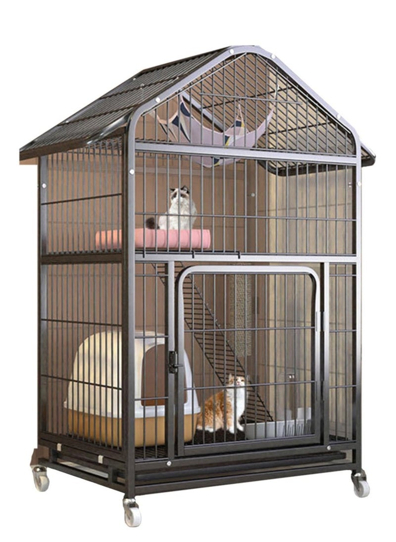 XiuWoo 71x54x117cm 3 Tier Cat House Wire Cat Cage Multi Functional Cat Condo with Universal Wheels Cat Villa with Locking Iron Door Pet Playpen Black  - Image 1