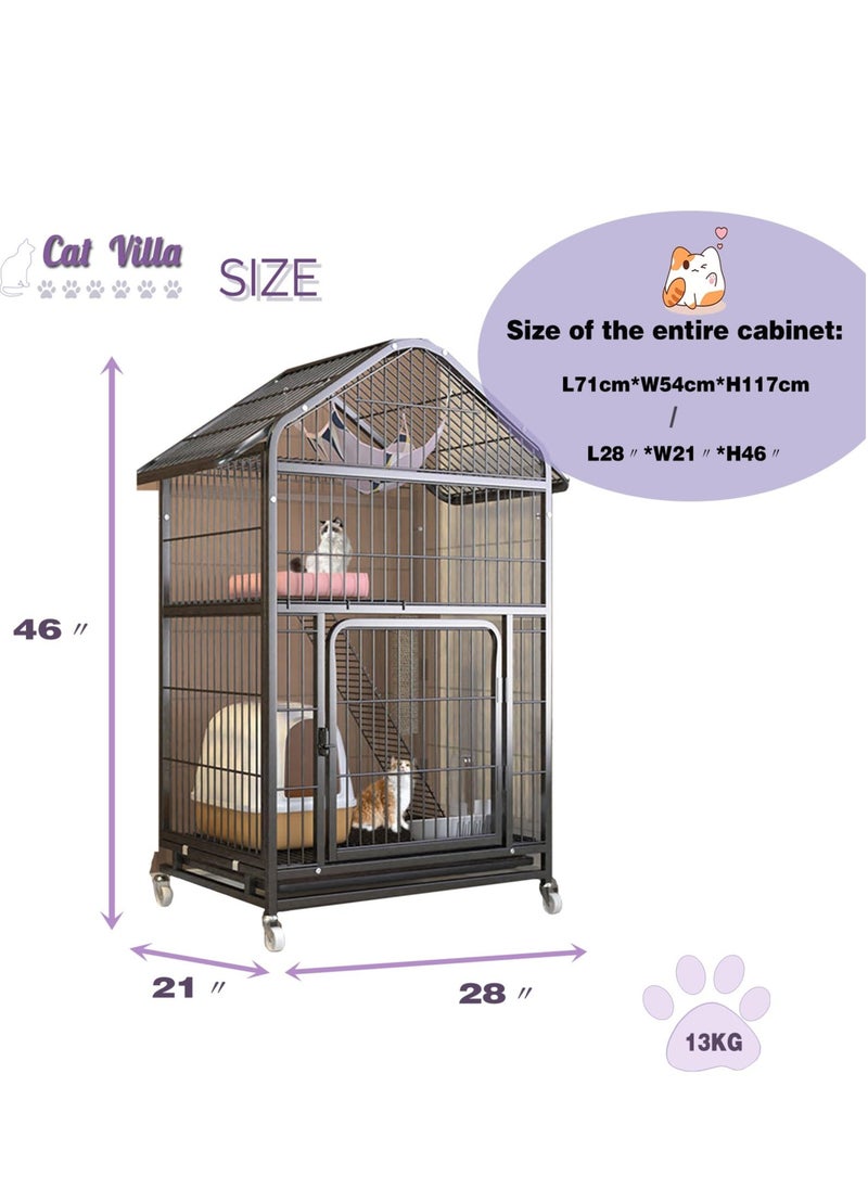 XiuWoo 71x54x117cm 3 Tier Cat House Wire Cat Cage Multi Functional Cat Condo with Universal Wheels Cat Villa with Locking Iron Door Pet Playpen Black  - Image 2