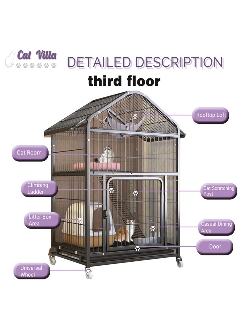 XiuWoo 71x54x117cm 3 Tier Cat House Wire Cat Cage Multi Functional Cat Condo with Universal Wheels Cat Villa with Locking Iron Door Pet Playpen Black  - Image 3