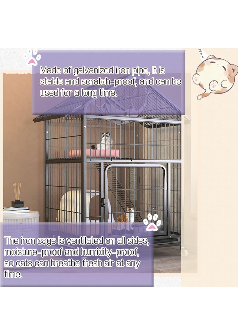 XiuWoo 71x54x117cm 3 Tier Cat House Wire Cat Cage Multi Functional Cat Condo with Universal Wheels Cat Villa with Locking Iron Door Pet Playpen Black  - Image 4