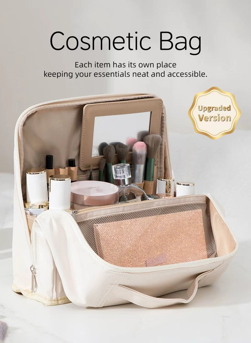 حقيبة مكياج سفر مطورة مع مرآة، حقيبة مستحضرات تجميل كبيرة السعة، محطة مكياج محمولة مع مقبض وحزام حقيبة، حقيبة أدوات تجميل مقاومة للماء من البولي يوريثان للنساء، حقيبة تجميل موفرة للمساحة - Image 1