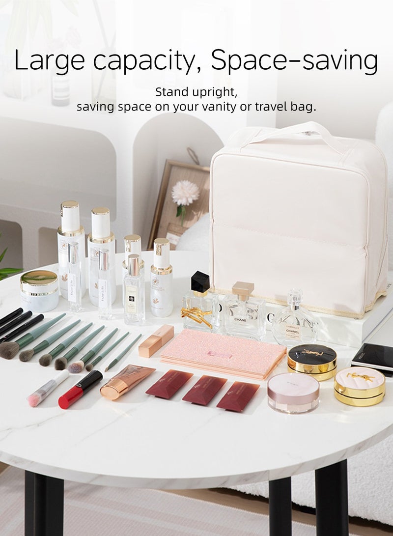 حقيبة مكياج سفر مطورة مع مرآة، حقيبة مستحضرات تجميل كبيرة السعة، محطة مكياج محمولة مع مقبض وحزام حقيبة، حقيبة أدوات تجميل مقاومة للماء من البولي يوريثان للنساء، حقيبة تجميل موفرة للمساحة - Image 3