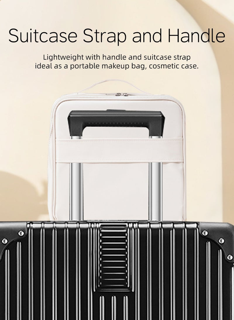 حقيبة مكياج سفر مطورة مع مرآة، حقيبة مستحضرات تجميل كبيرة السعة، محطة مكياج محمولة مع مقبض وحزام حقيبة، حقيبة أدوات تجميل مقاومة للماء من البولي يوريثان للنساء، حقيبة تجميل موفرة للمساحة - Image 2