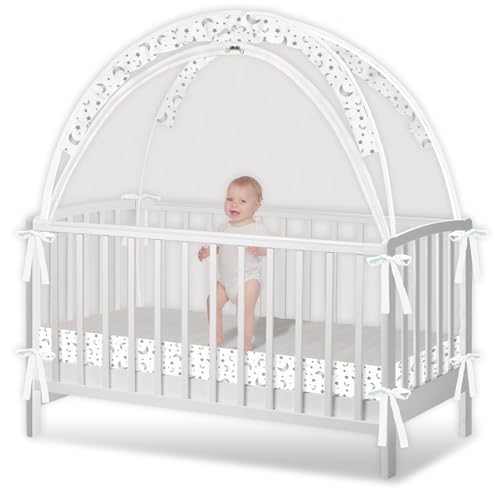 Zkaitoy Crib Tent - Crib Net to Keep Baby in, Stop Baby from Climbing Out of Crib, Pop Up Crib Tent with Durable Breathable Net Double Zipper Strong Rods Installation Convenience (Gray Stars & Moons, Large) - Image 1