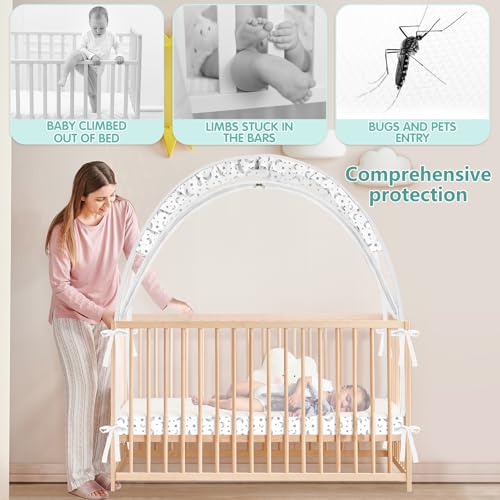 Zkaitoy Crib Tent - Crib Net to Keep Baby in, Stop Baby from Climbing Out of Crib, Pop Up Crib Tent with Durable Breathable Net Double Zipper Strong Rods Installation Convenience (Gray Stars & Moons, Large) - Image 2