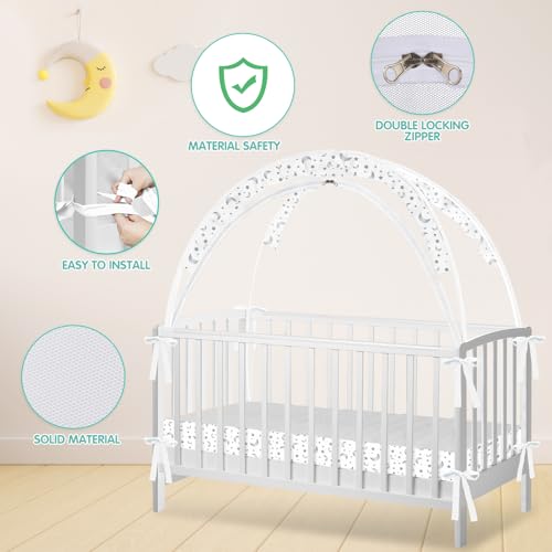 Zkaitoy Crib Tent - Crib Net to Keep Baby in, Stop Baby from Climbing Out of Crib, Pop Up Crib Tent with Durable Breathable Net Double Zipper Strong Rods Installation Convenience (Gray Stars & Moons, Large) - Image 3
