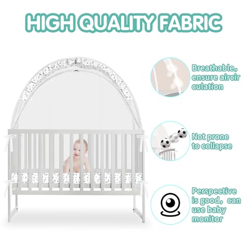 Zkaitoy Crib Tent - Crib Net to Keep Baby in, Stop Baby from Climbing Out of Crib, Pop Up Crib Tent with Durable Breathable Net Double Zipper Strong Rods Installation Convenience (Gray Stars & Moons, Large) - Image 4
