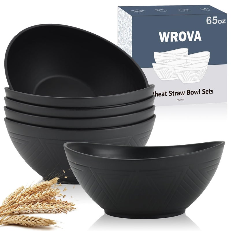 65oz Big Wheat Straw Bowls  Large Salad Bowls set of 6  Unbreakable Serving Bowls  Microwave  Dishwasher Safe  Oval Bowls for CerealSaladFruit  Pure Black