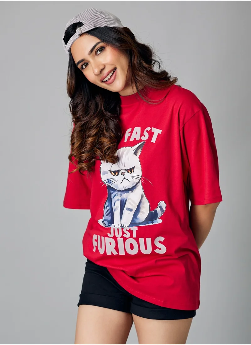 زجزاج Oversize Maroon Just Furious T-shirt