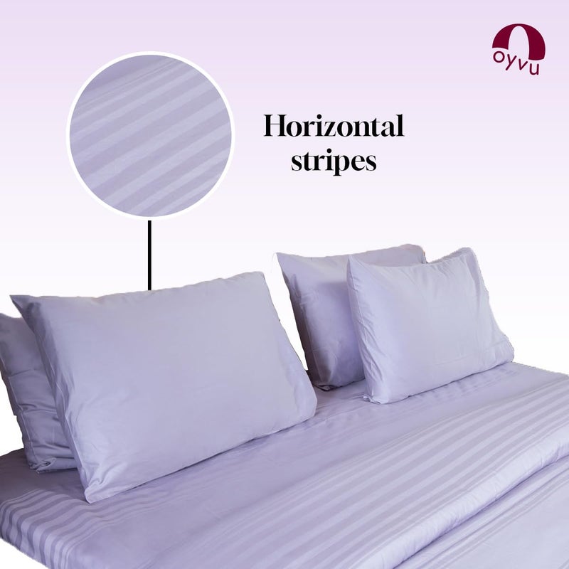 Oyvu Luxury Flat Bedsheet | Queen Size | 300 Thread Count | 100% Cotton | Lavender Aura Color | Variegated Horizontal Stripes Design | 1 Flat Bedsheet, 2 Pillow Covers | | Size 90”x 108”inch - Image 2