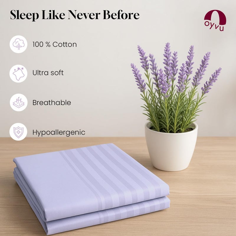 Oyvu Luxury Flat Bedsheet | Queen Size | 300 Thread Count | 100% Cotton | Lavender Aura Color | Variegated Horizontal Stripes Design | 1 Flat Bedsheet, 2 Pillow Covers | | Size 90”x 108”inch - Image 3
