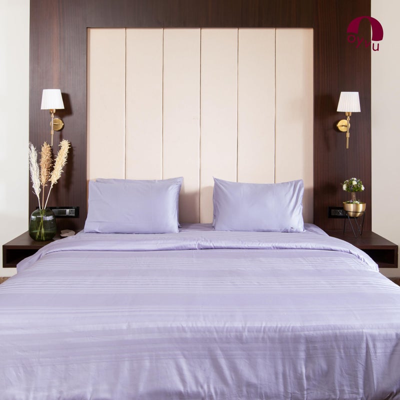 Oyvu Luxury Flat Bedsheet | Queen Size | 300 Thread Count | 100% Cotton | Lavender Aura Color | Variegated Horizontal Stripes Design | 1 Flat Bedsheet, 2 Pillow Covers | | Size 90”x 108”inch - Image 1