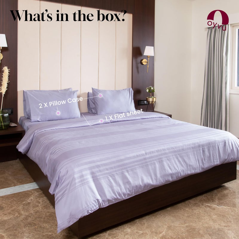 Oyvu Luxury Flat Bedsheet | Queen Size | 300 Thread Count | 100% Cotton | Lavender Aura Color | Variegated Horizontal Stripes Design | 1 Flat Bedsheet, 2 Pillow Covers | | Size 90”x 108”inch - Image 4