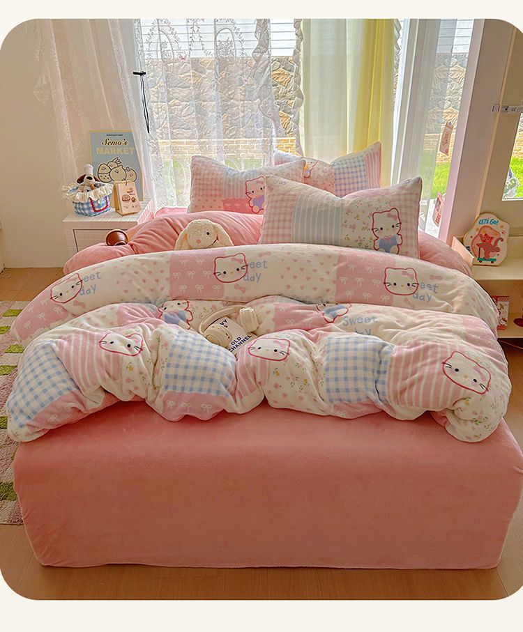 CME Cartoon Milk Velvet Four-Piece Set Winter Thickened Coral Fleece Flannel Duvet Cover Bed Sheet Dormitory Three-Piece Bedding Set - Image 2