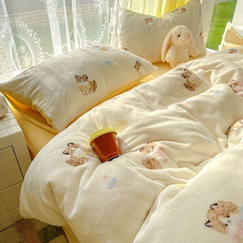 CME Cartoon Milk Velvet Four-Piece Set Winter Thickened Coral Fleece Flannel Duvet Cover Bed Sheet Dormitory Three-Piece Bedding Set - Image 1