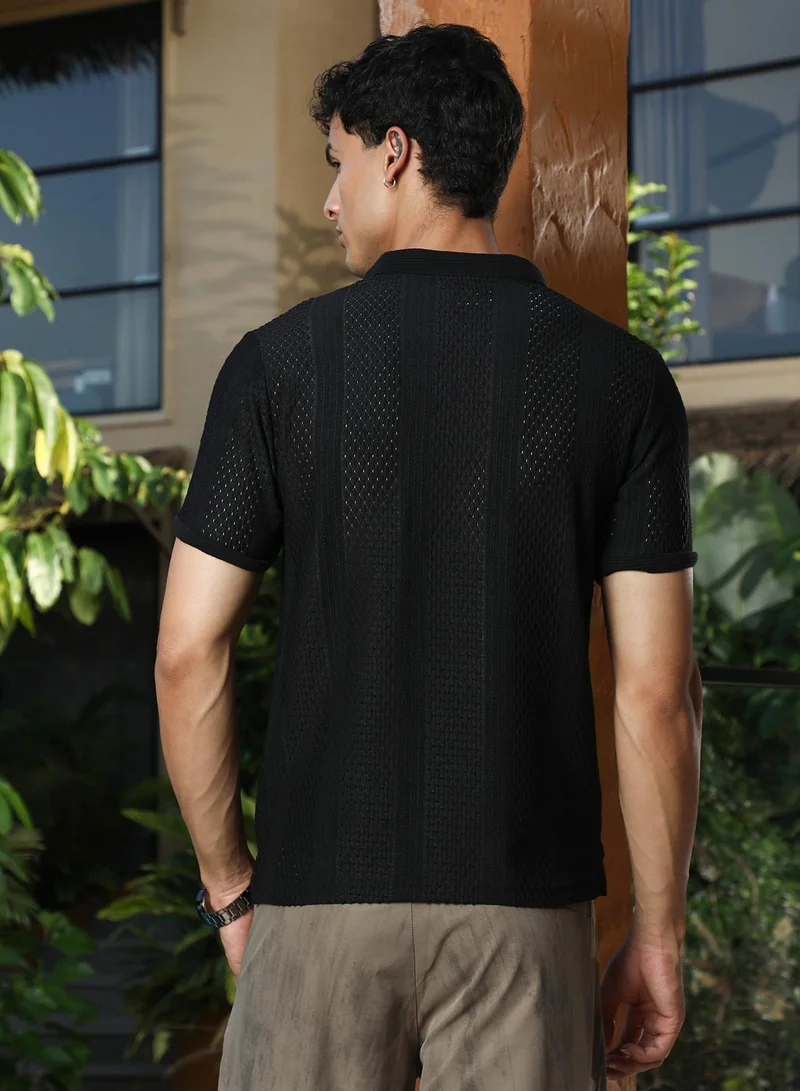 CAHOOT  Men's Onyx Black Marquise-Panel Jacquard Polo T-Shirt for Men | Best Price UAE