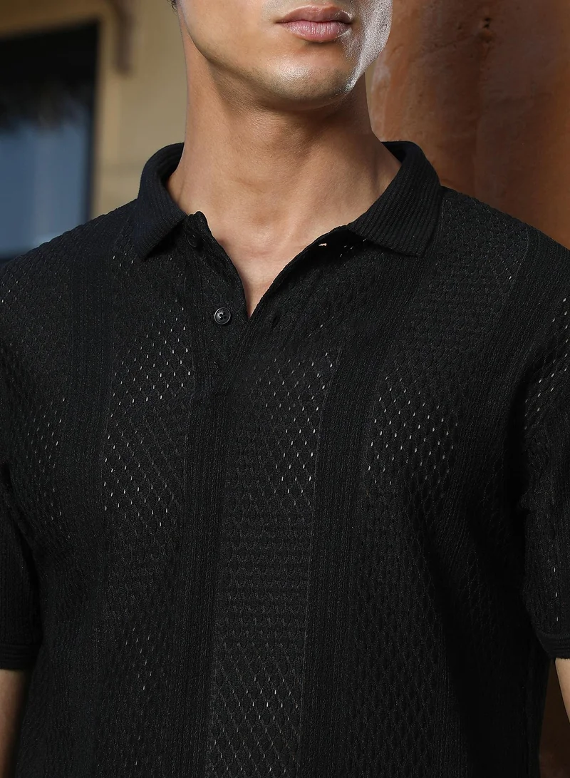 CAHOOT  Men's Onyx Black Marquise-Panel Jacquard Polo T-Shirt for Men | Best Price UAE