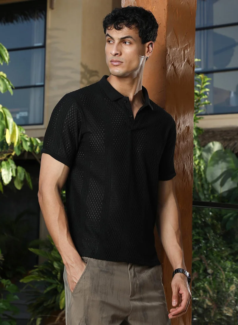 CAHOOT  Men's Onyx Black Marquise-Panel Jacquard Polo T-Shirt for Men | Best Price UAE