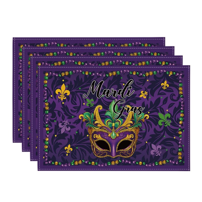 Artoid Mode Purple Mask Beads Mardi Gras Placemats Set of 4, 12x18 Inch Seasonal Carnival Holiday Table Mats for Party Kitchen Dining Decoration - Image 1