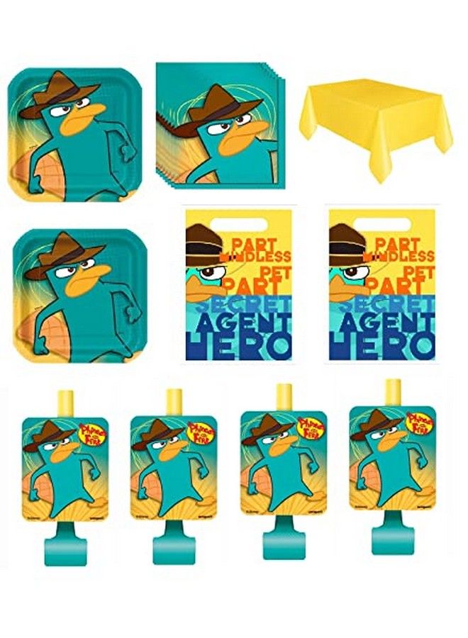 Unique Phineas And Ferb Birthday Party Supplies Bundle Pack Includes Plates Napkins Table Cover Loot Bags Blowouts (Bundle For 16) - Image 1