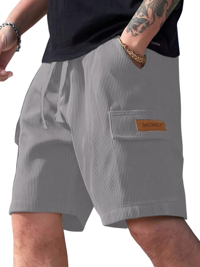 SMOWKLY Authentics Classic Men's Ribbed Polycotton Relaxed Fit Cargo Stretch Shorts || Half Pant with Drawstring & 4 Pockets || Lightweight & Quick Dry || Men Shorts Casual ||Shorts Pant for Men Grey - Image 1