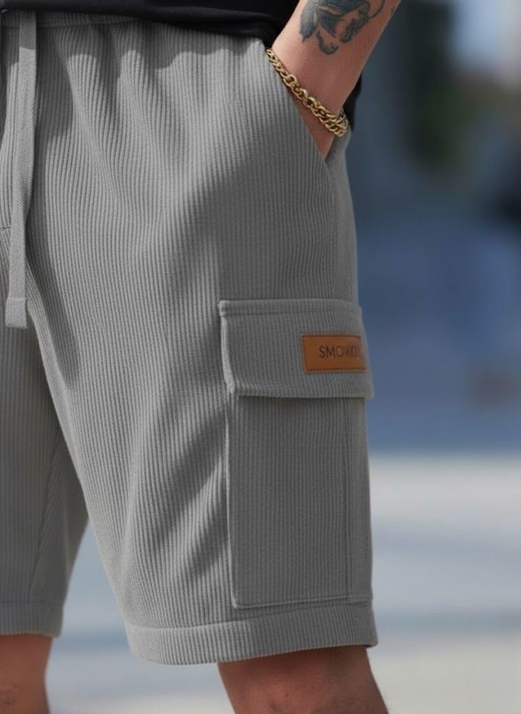 SMOWKLY Authentics Classic Men's Ribbed Polycotton Relaxed Fit Cargo Stretch Shorts || Half Pant with Drawstring & 4 Pockets || Lightweight & Quick Dry || Men Shorts Casual ||Shorts Pant for Men Grey - Image 4