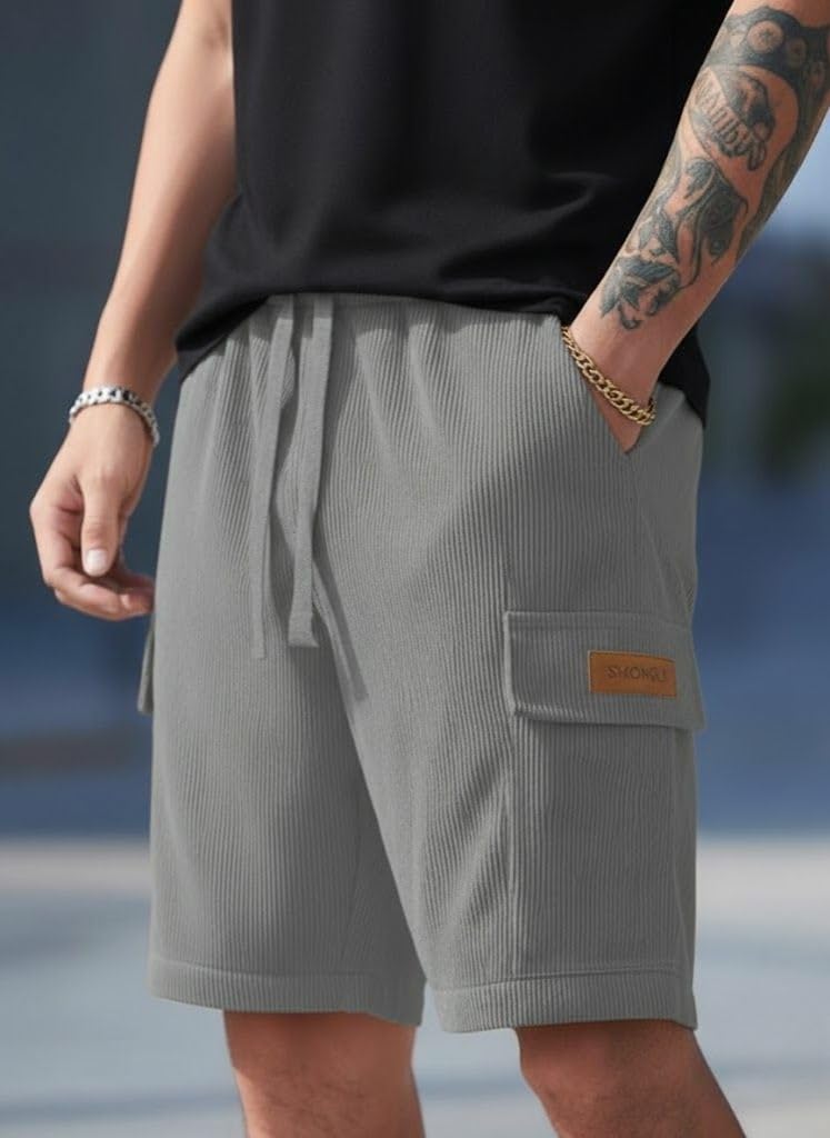 SMOWKLY Authentics Classic Men's Ribbed Polycotton Relaxed Fit Cargo Stretch Shorts || Half Pant with Drawstring & 4 Pockets || Lightweight & Quick Dry || Men Shorts Casual ||Shorts Pant for Men Grey - Image 2