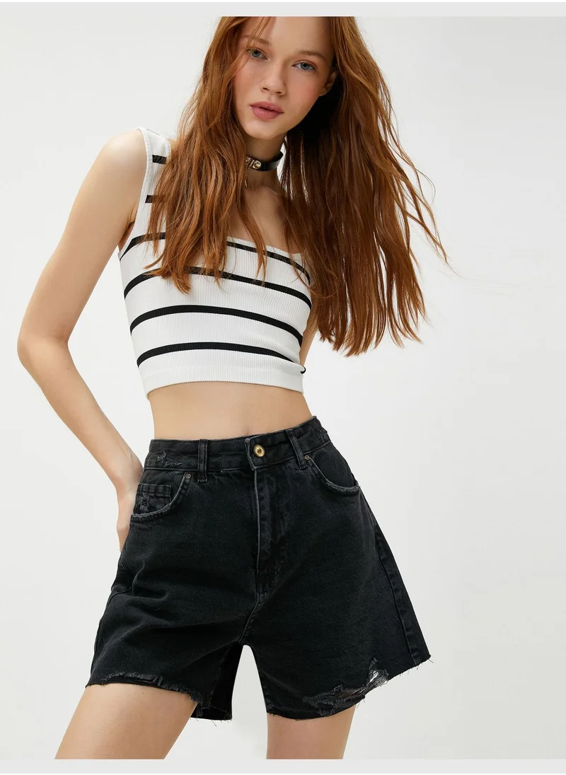 كوتون Pocket Detail Destroyed Denim Shorts