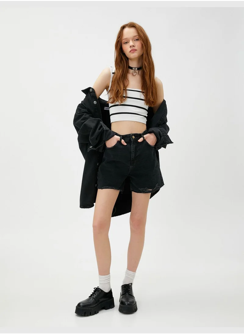 كوتون Pocket Detail Destroyed Denim Shorts