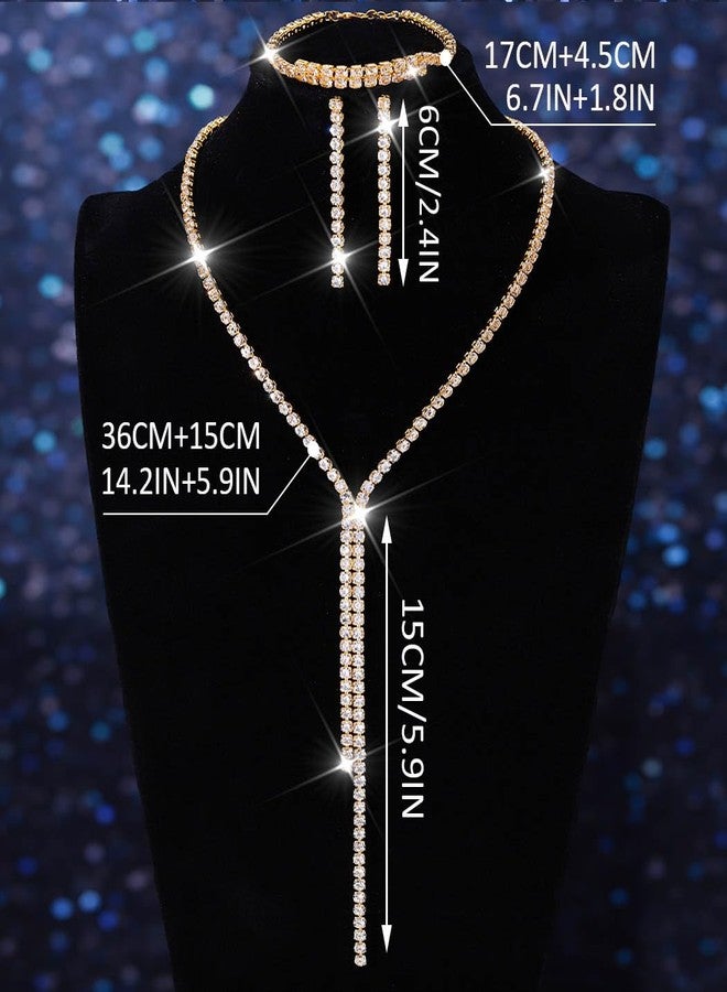 Unicra Gold Bridal Wedding Jewelry Sets Rhinestone Necklace Earrings Bracelet Set Prom Formal Costume Jewelry Sets for Women and Brides (Gold) - Image 2